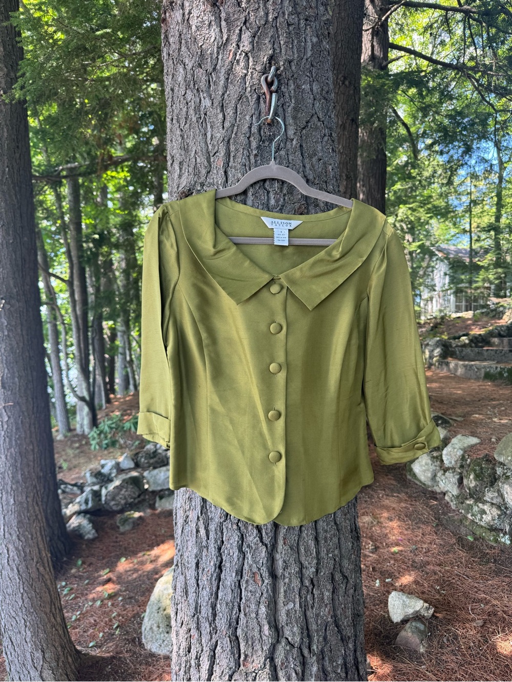 Allison Taylor Olive Green 100% Silk Blouse or light Jacket 8 NWOT